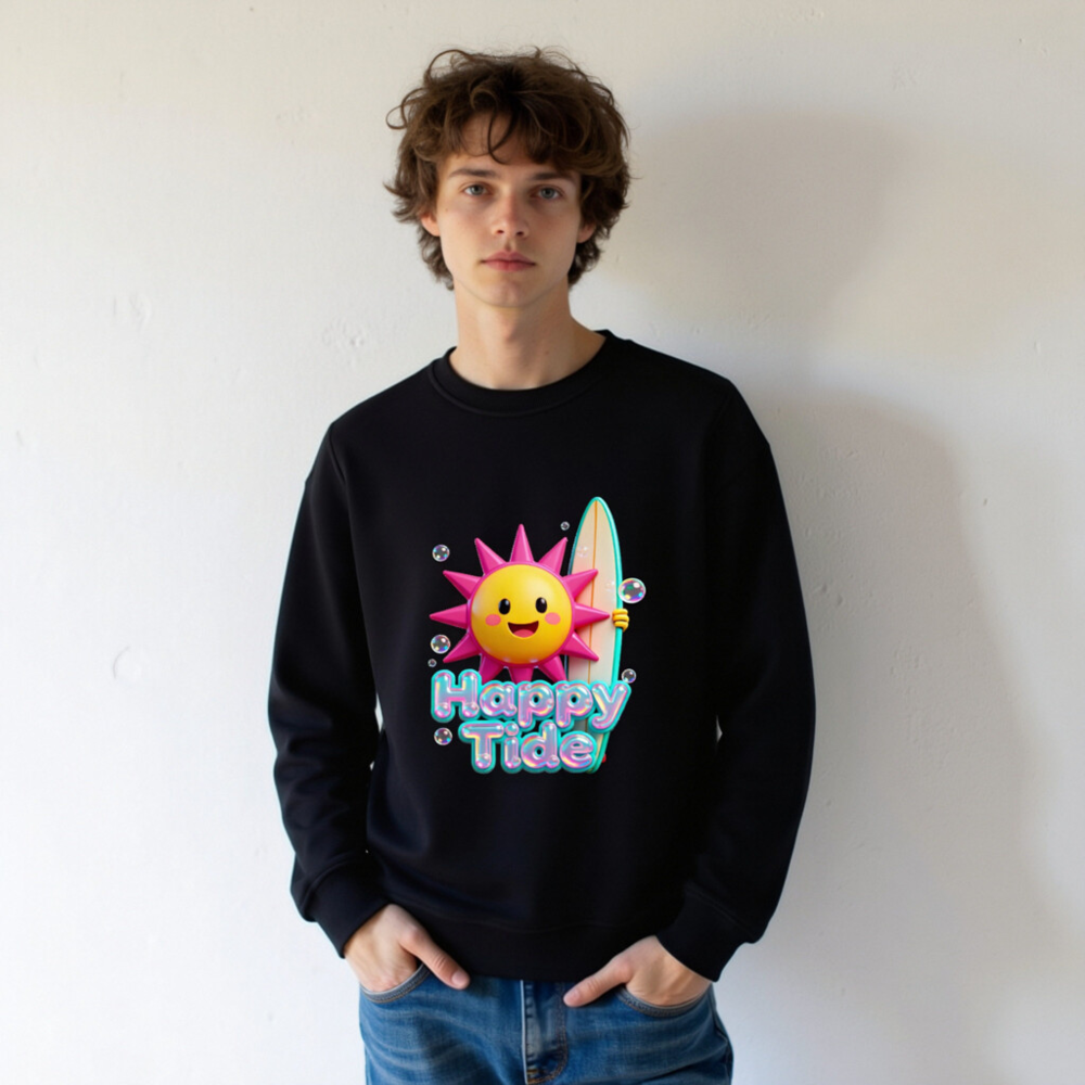 Happy Tide Unisex Organic Sweatshirt | Eco-Friendly Surfer Sun Design - Image 10