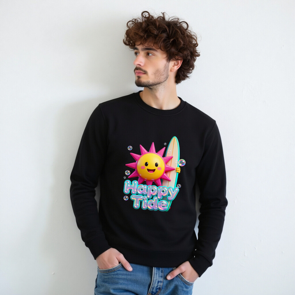 Happy Tide Unisex Organic Sweatshirt | Eco-Friendly Surfer Sun Design - Image 11