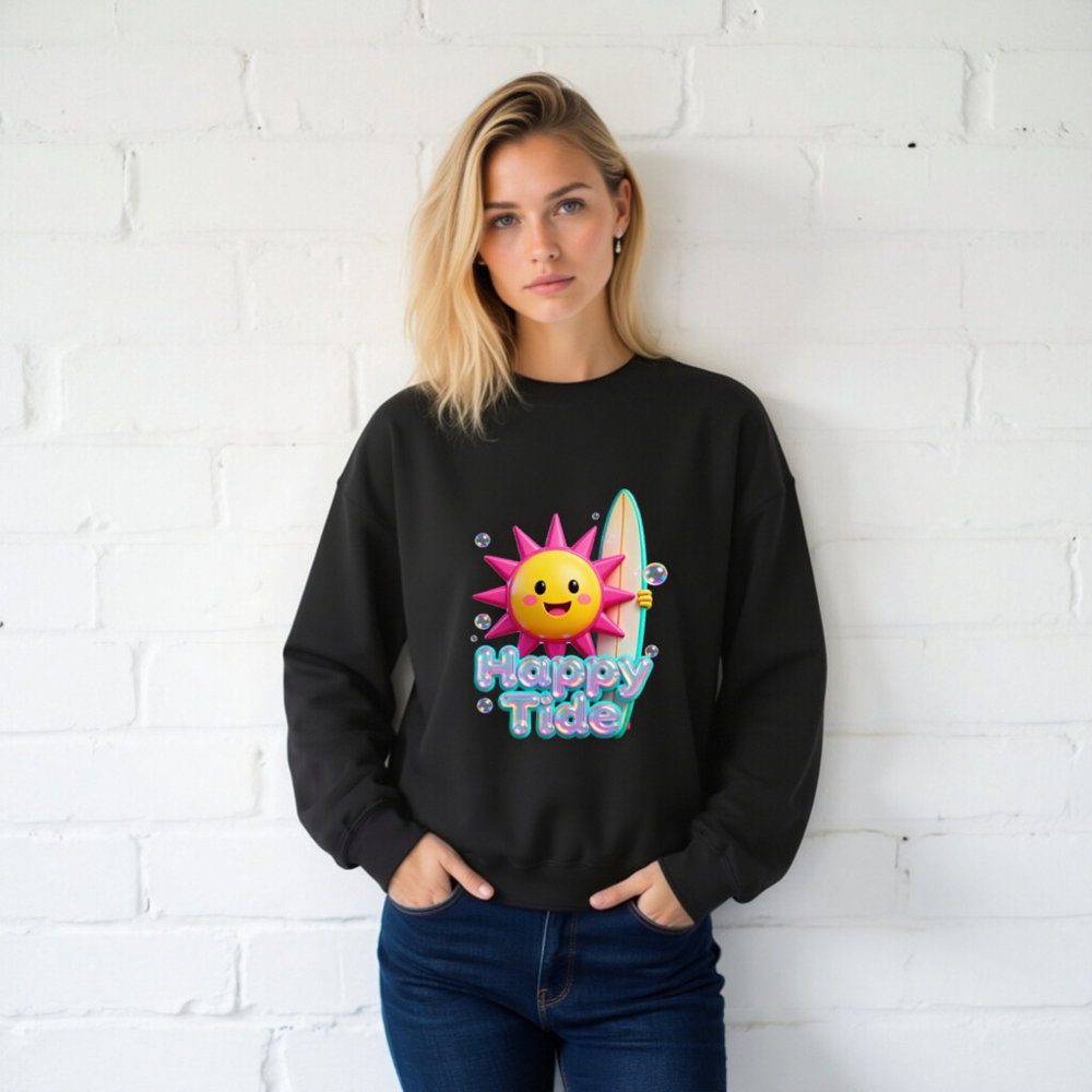 Happy Tide Unisex Crew Neck Sweatshirt | Bright Sun & Surf Board Design - Image 2