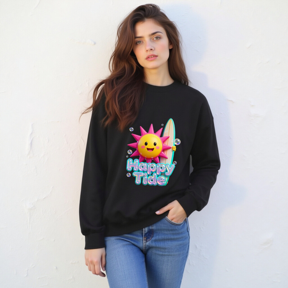 Happy Tide Unisex Crew Neck Sweatshirt | Bright Sun & Surf Board Design - Image 4
