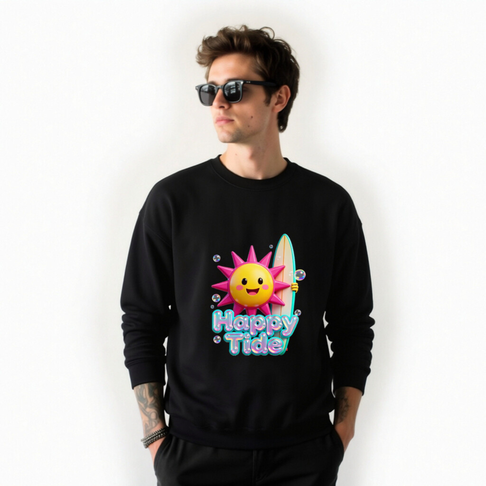 Happy Tide Unisex Crew Neck Sweatshirt | Bright Sun & Surf Board Design - Image 5