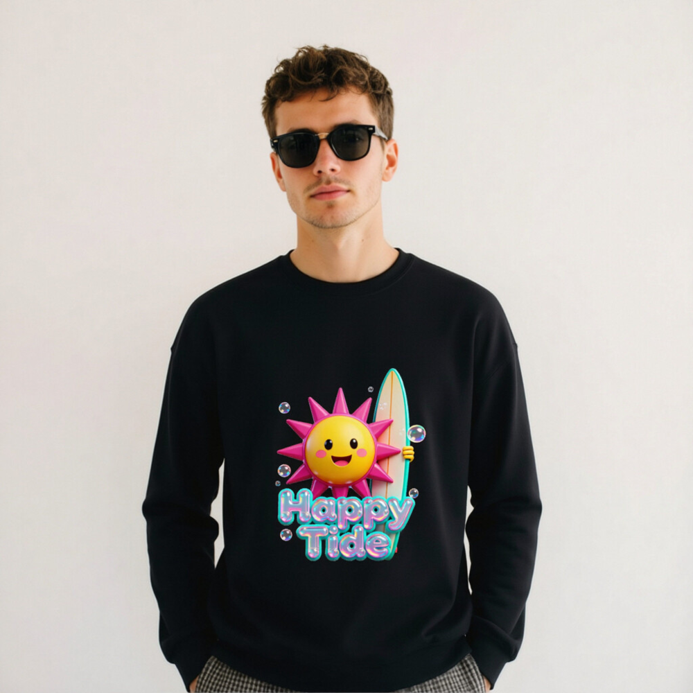 Happy Tide Unisex Crew Neck Sweatshirt | Bright Sun & Surf Board Design - Image 6
