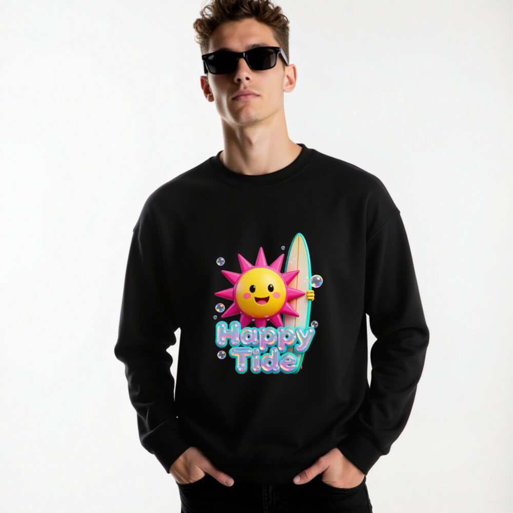 Happy Tide Unisex Crew Neck Sweatshirt | Bright Sun & Surf Board Design - Image 7