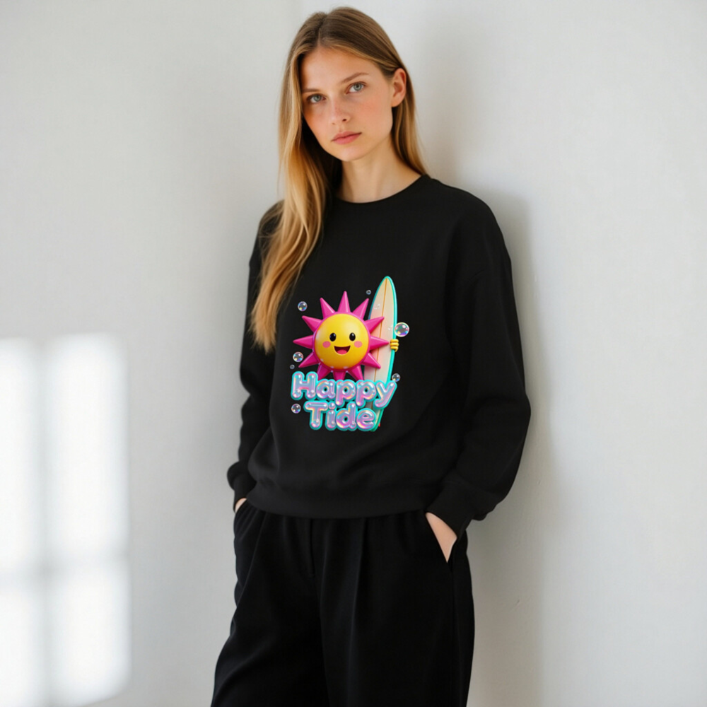 Happy Tide Unisex Crew Neck Sweatshirt | Bright Sun & Surf Board Design - Image 10