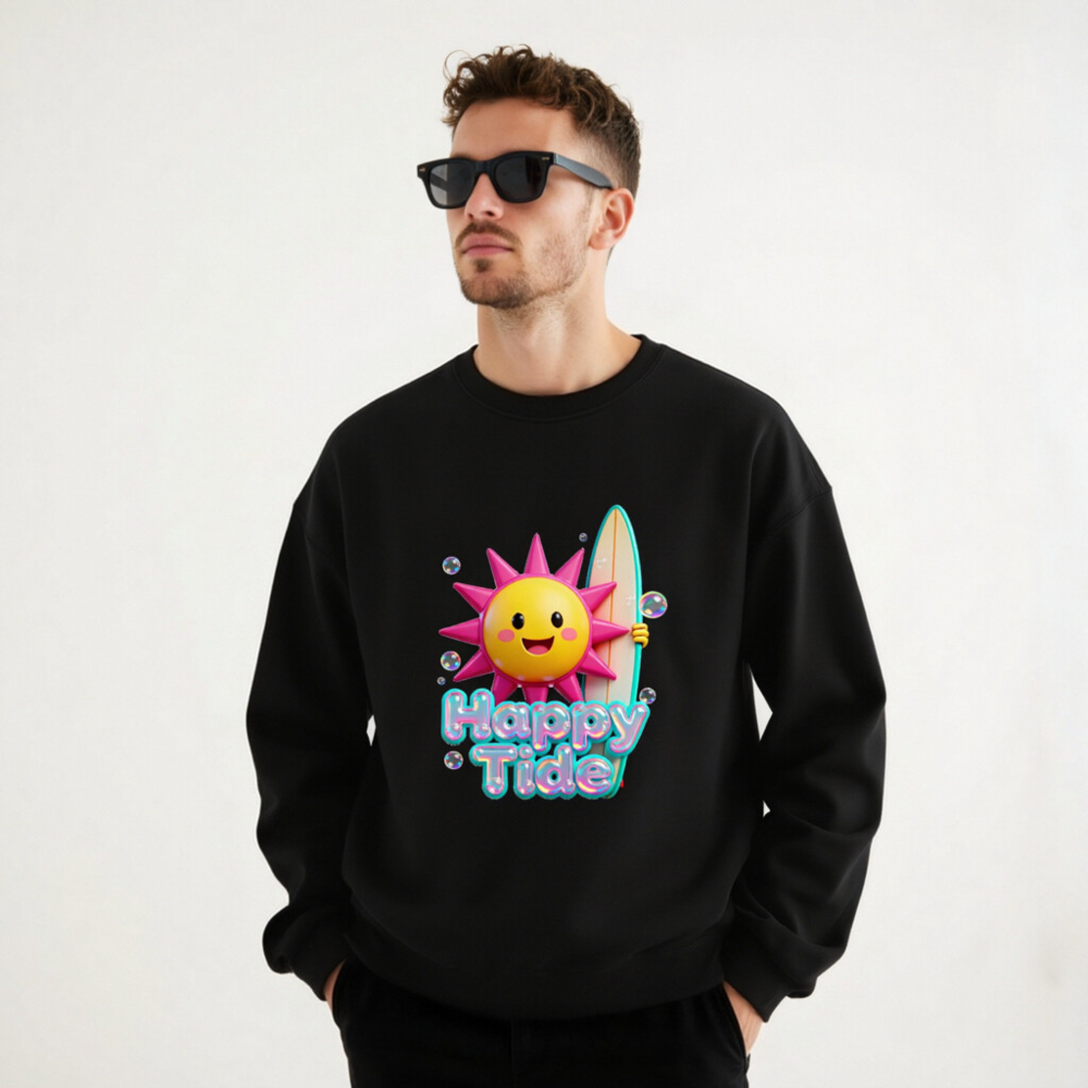 Happy Tide Unisex Crew Neck Sweatshirt | Bright Sun & Surf Board Design - Image 11