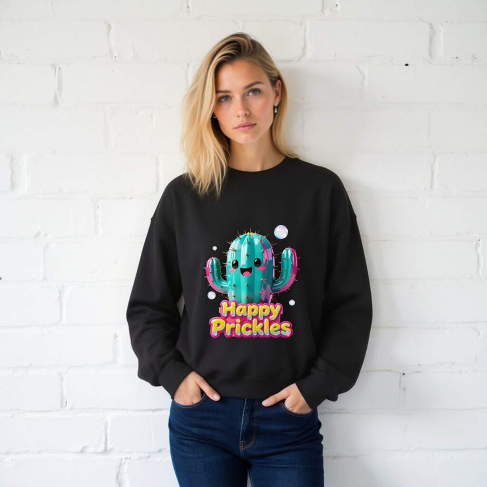 Happy Prickles Cactus Sweatshirt - Unisex Crew Neck, Soft Comfort, Vibrant Design - Image 2