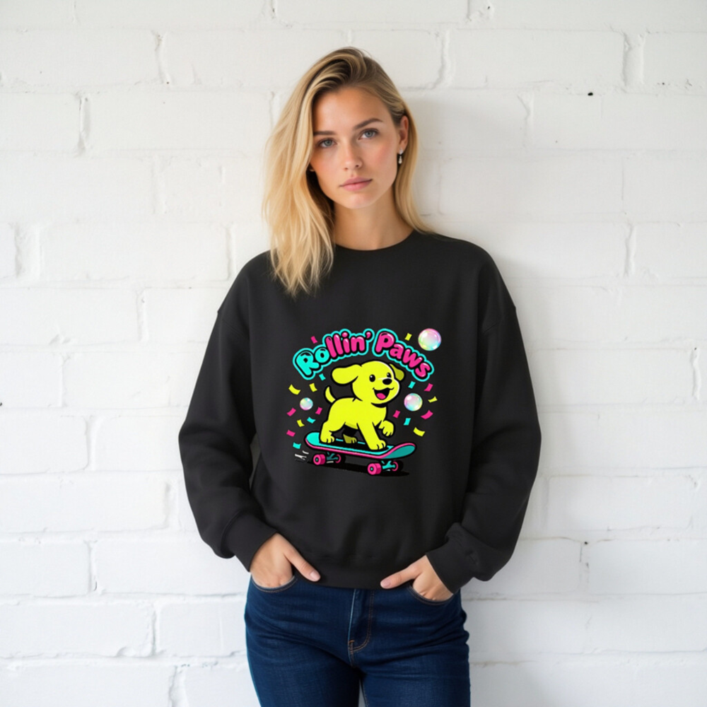 Rollin' Paws Unisex Crew Neck Sweatshirt | Yellow Puppy Skateboard Graphic - Image 2