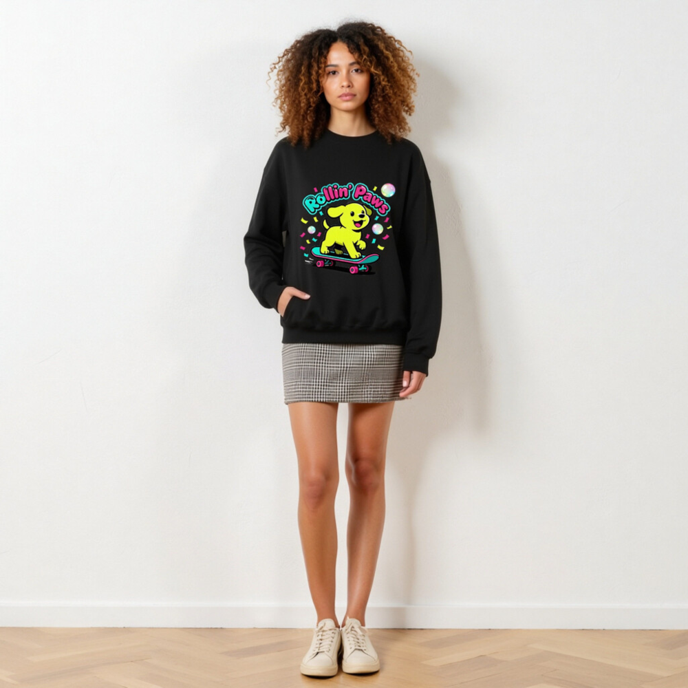 Rollin' Paws Unisex Crew Neck Sweatshirt | Yellow Puppy Skateboard Graphic - Image 3