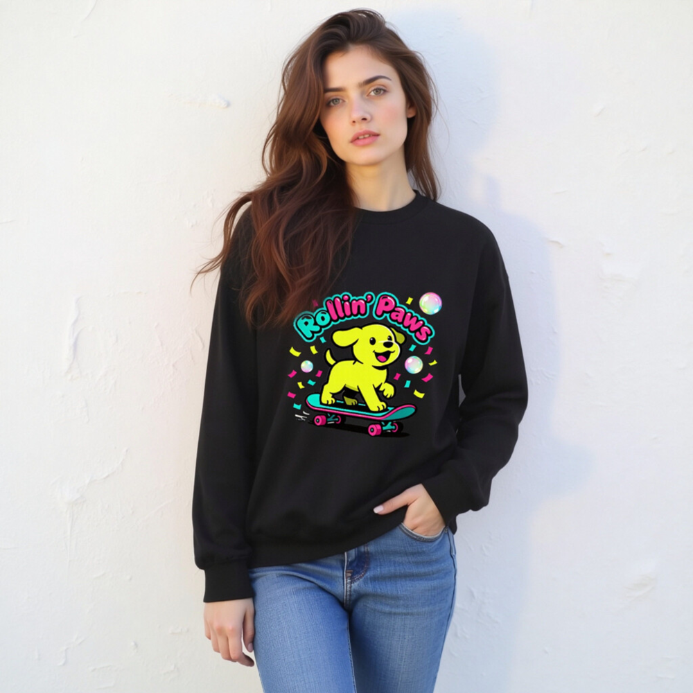 Rollin' Paws Unisex Crew Neck Sweatshirt | Yellow Puppy Skateboard Graphic - Image 4