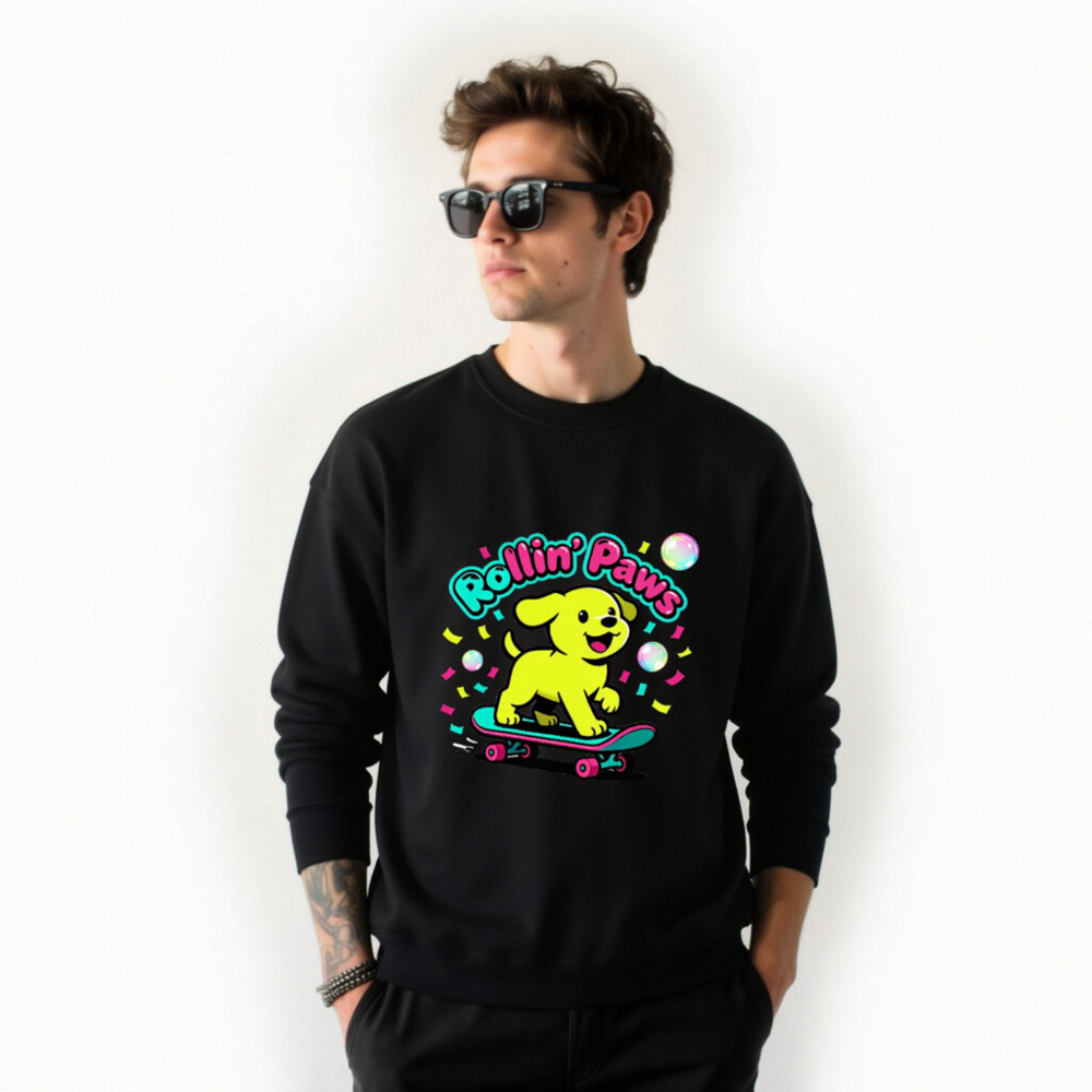 Rollin' Paws Unisex Crew Neck Sweatshirt | Yellow Puppy Skateboard Graphic - Image 5