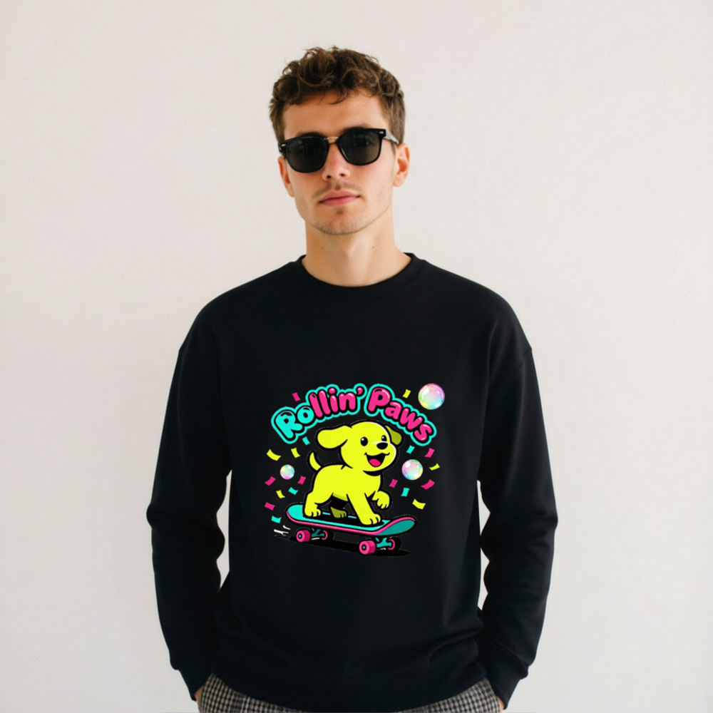 Rollin' Paws Unisex Crew Neck Sweatshirt | Yellow Puppy Skateboard Graphic - Image 6