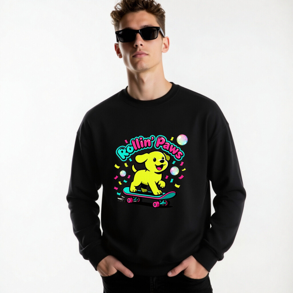 Rollin' Paws Unisex Crew Neck Sweatshirt | Yellow Puppy Skateboard Graphic - Image 7