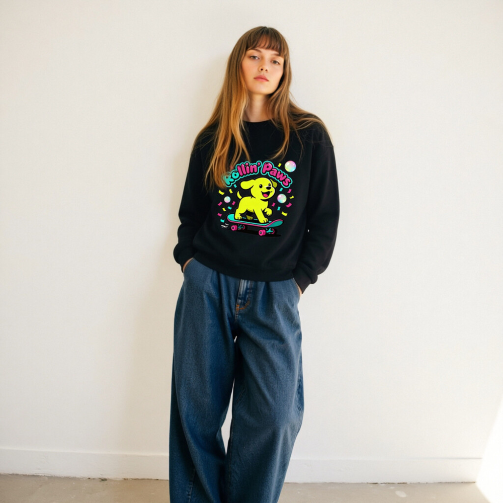 Rollin' Paws Unisex Crew Neck Sweatshirt | Yellow Puppy Skateboard Graphic - Image 9