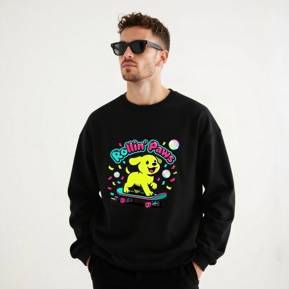 Rollin' Paws Unisex Crew Neck Sweatshirt | Yellow Puppy Skateboard Graphic - Image 11