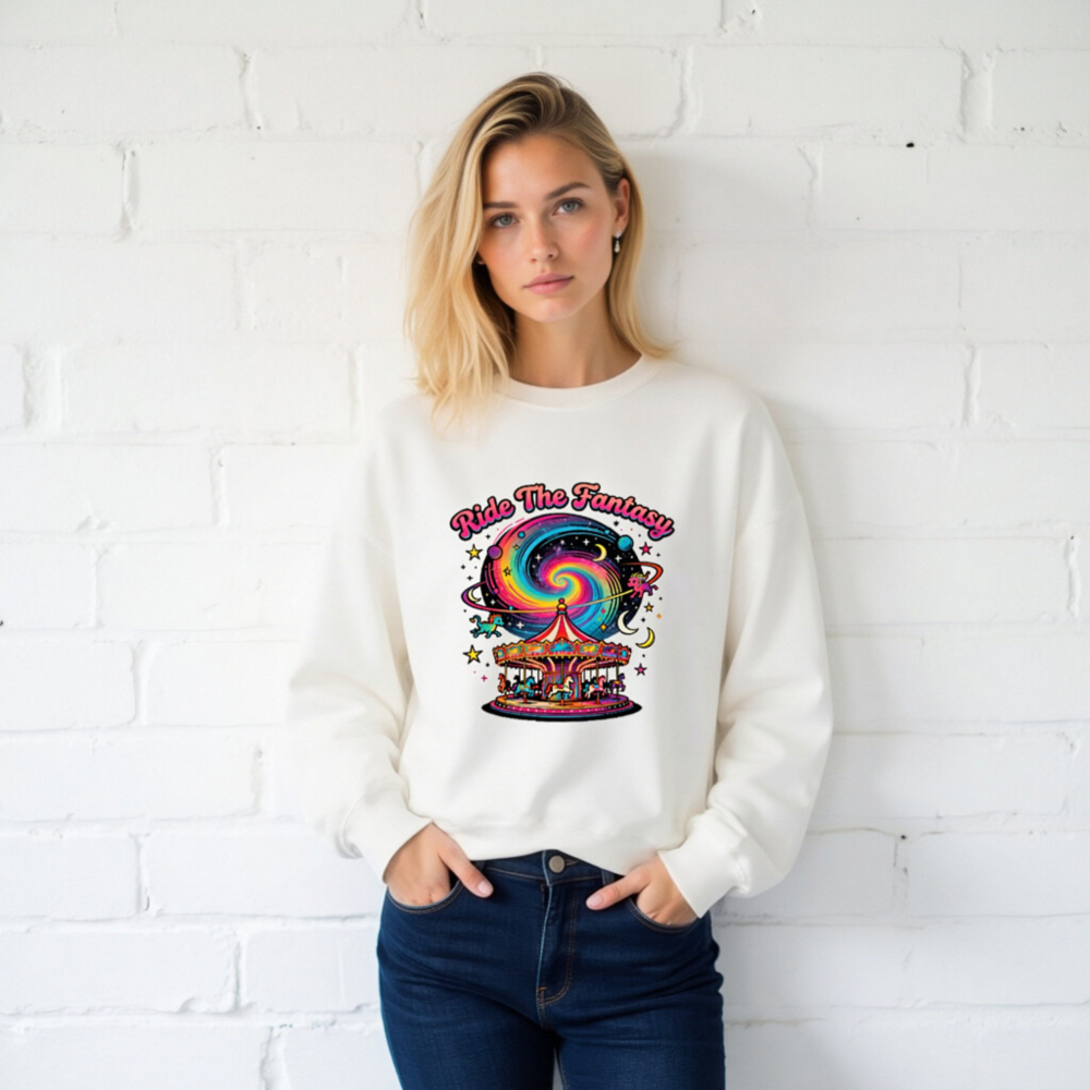 Unisex Crew Neck Sweatshirt - Ride The Fantasy Carousel & Galaxy Design - Image 2
