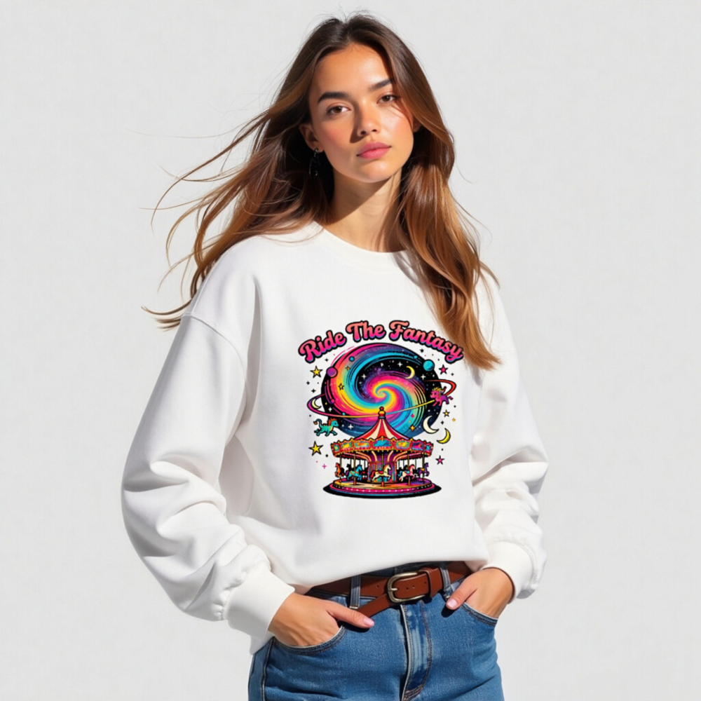 Unisex Crew Neck Sweatshirt - Ride The Fantasy Carousel & Galaxy Design - Image 4