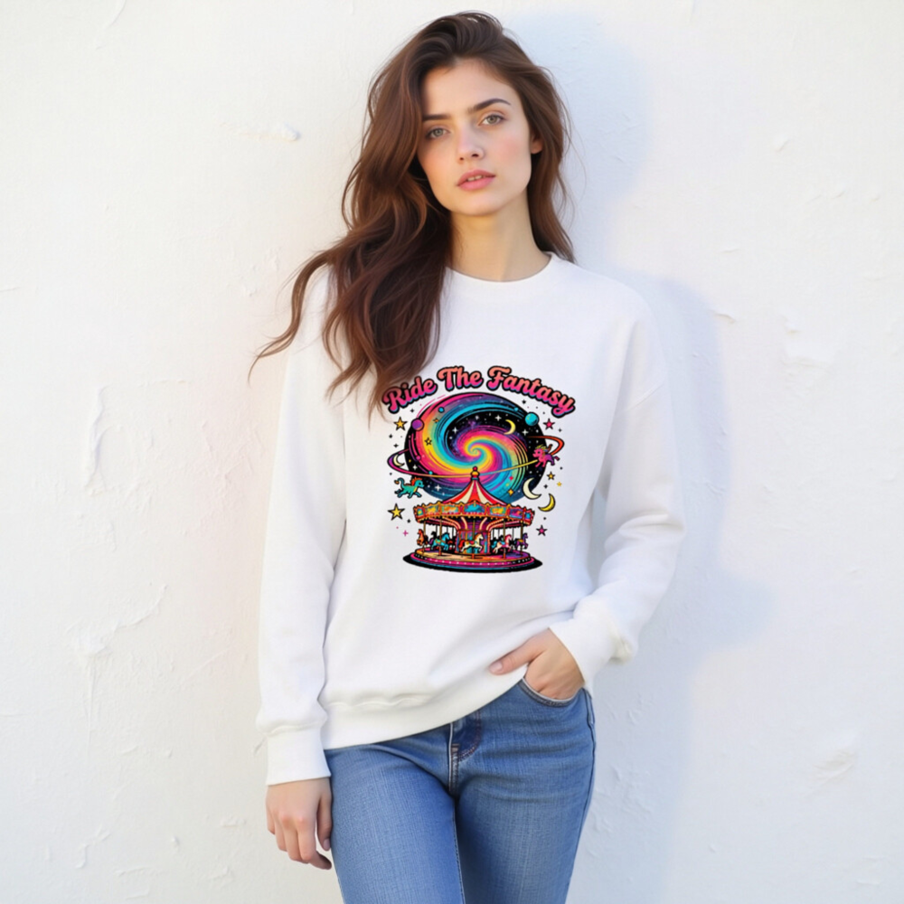 Unisex Crew Neck Sweatshirt - Ride The Fantasy Carousel & Galaxy Design - Image 6