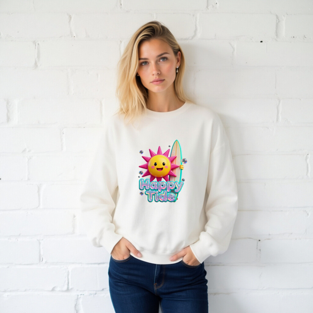 Happy Tide Unisex Crew Neck Sweatshirt | Pink Sun Surf Design - Image 2