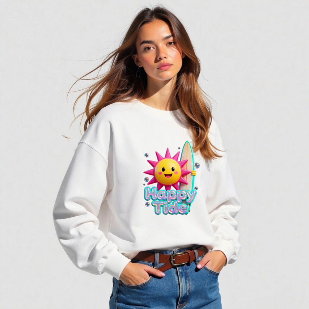 Happy Tide Unisex Crew Neck Sweatshirt | Pink Sun Surf Design - Image 4