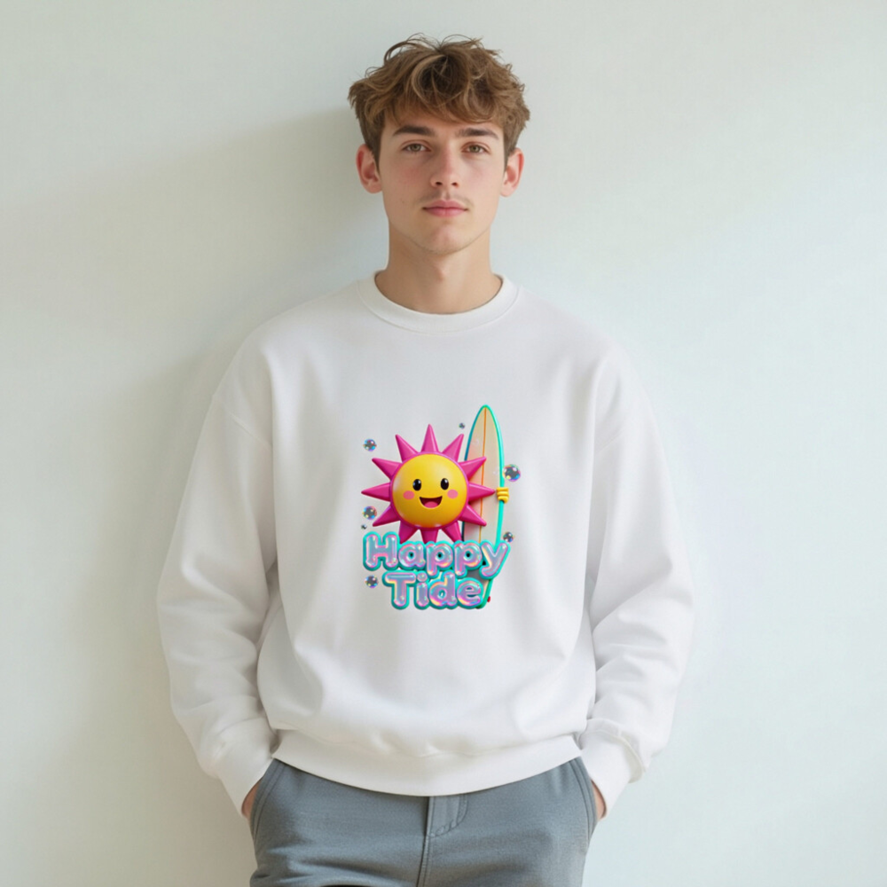 Happy Tide Unisex Crew Neck Sweatshirt | Pink Sun Surf Design - Image 5