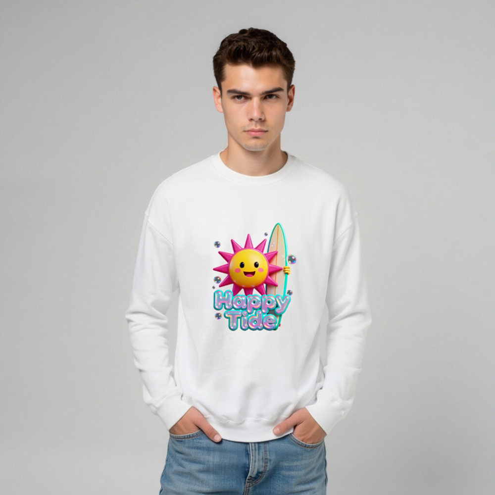 Happy Tide Unisex Crew Neck Sweatshirt | Pink Sun Surf Design - Image 8