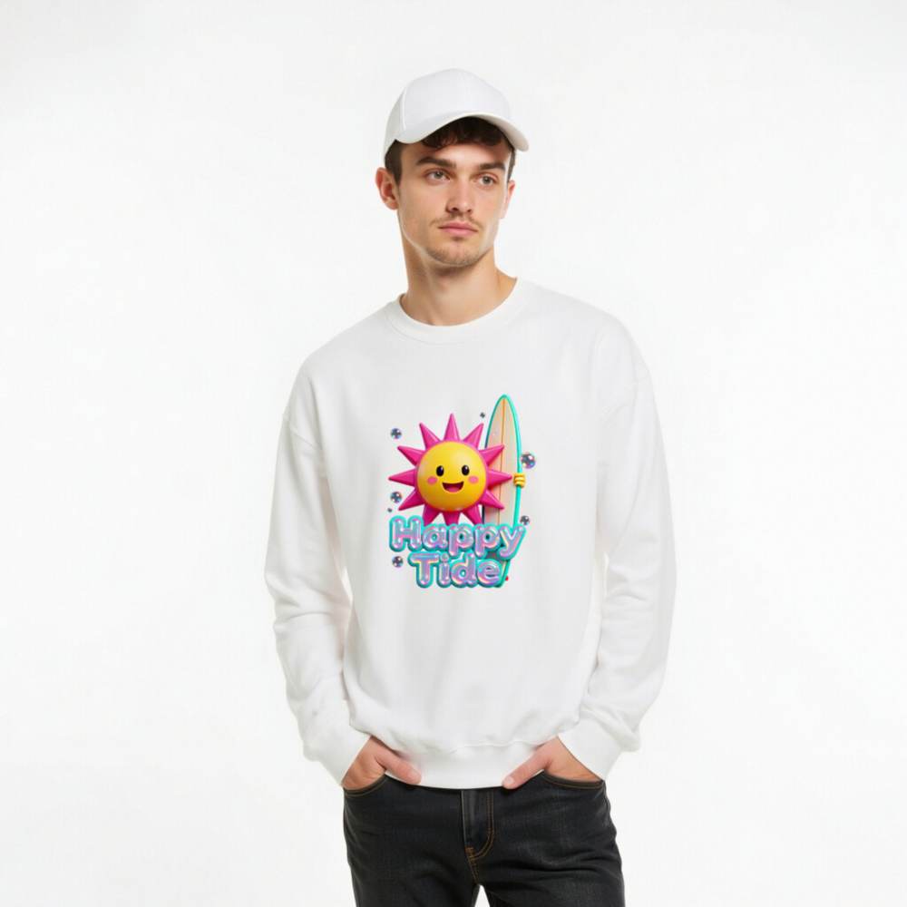 Happy Tide Unisex Crew Neck Sweatshirt | Pink Sun Surf Design - Image 9