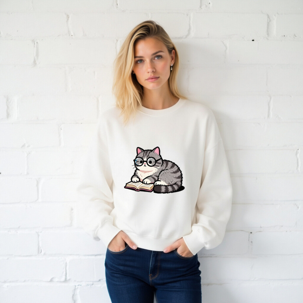 Cute Glasses Cat Reading Book Unisex Crew Neck Sweatshirt - Image 2