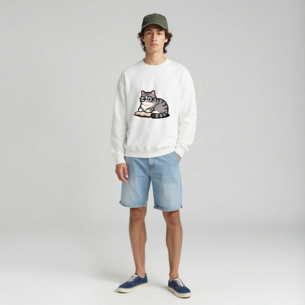 Cute Glasses Cat Reading Book Unisex Crew Neck Sweatshirt - Image 3