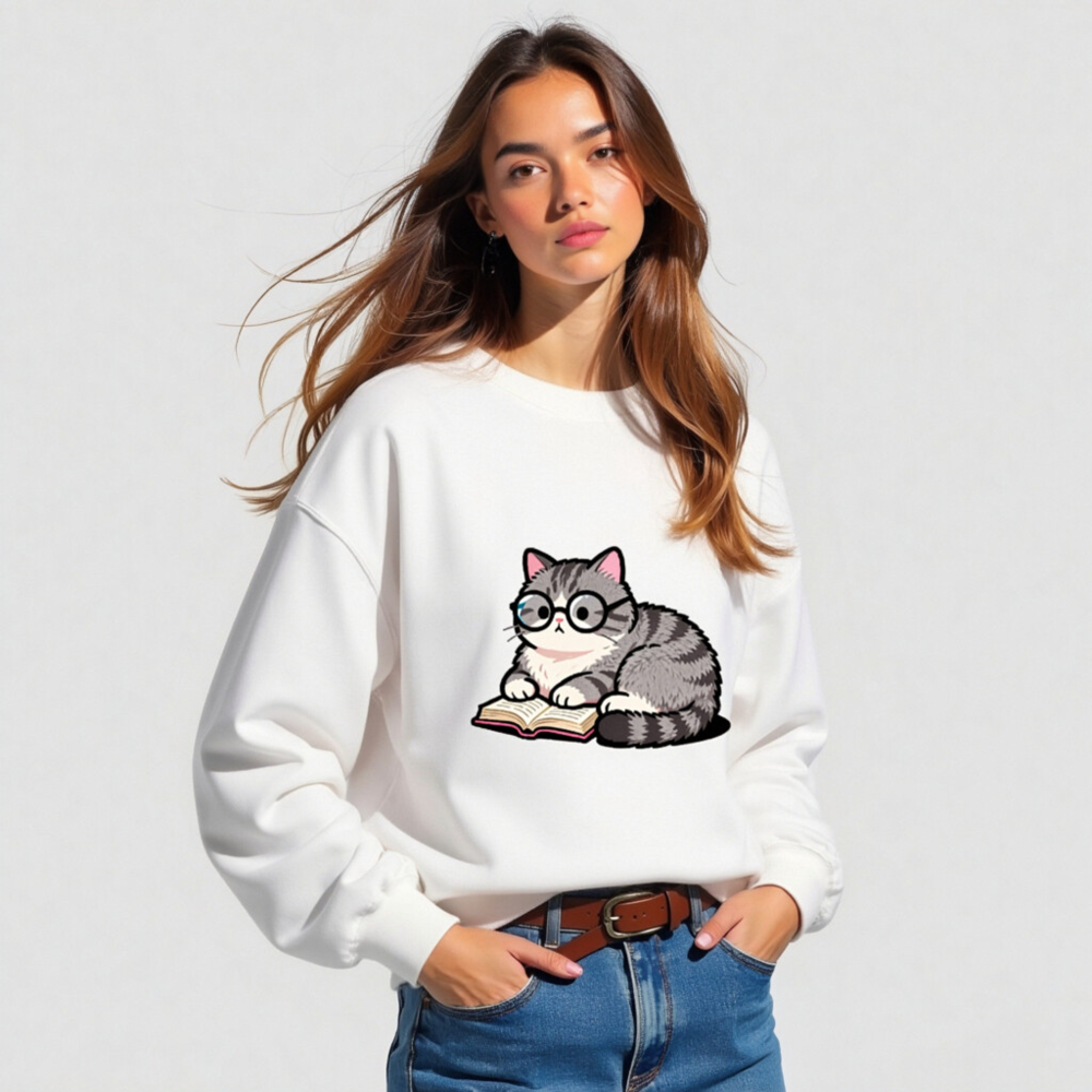 Cute Glasses Cat Reading Book Unisex Crew Neck Sweatshirt - Image 4
