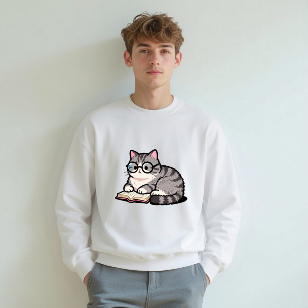 Cute Glasses Cat Reading Book Unisex Crew Neck Sweatshirt - Image 5