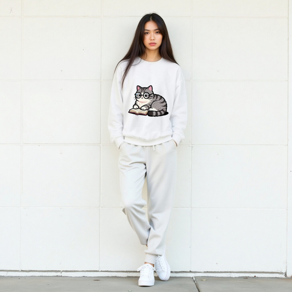 Cute Glasses Cat Reading Book Unisex Crew Neck Sweatshirt - Image 7