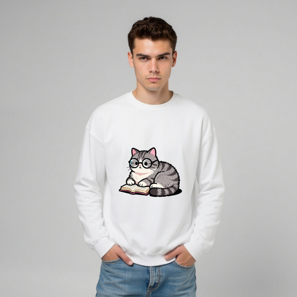 Cute Glasses Cat Reading Book Unisex Crew Neck Sweatshirt - Image 8