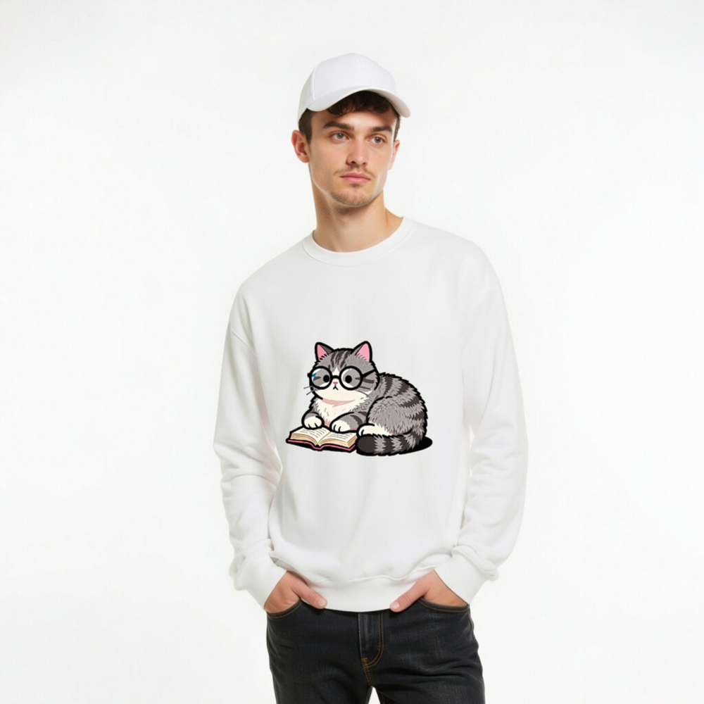 Cute Glasses Cat Reading Book Unisex Crew Neck Sweatshirt - Image 9