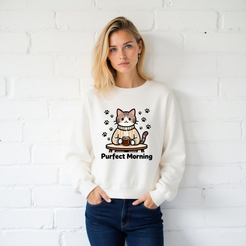 Purfect Morning Cat Sweatshirt | Unisex Crew Neck Sweatshirt - Image 2