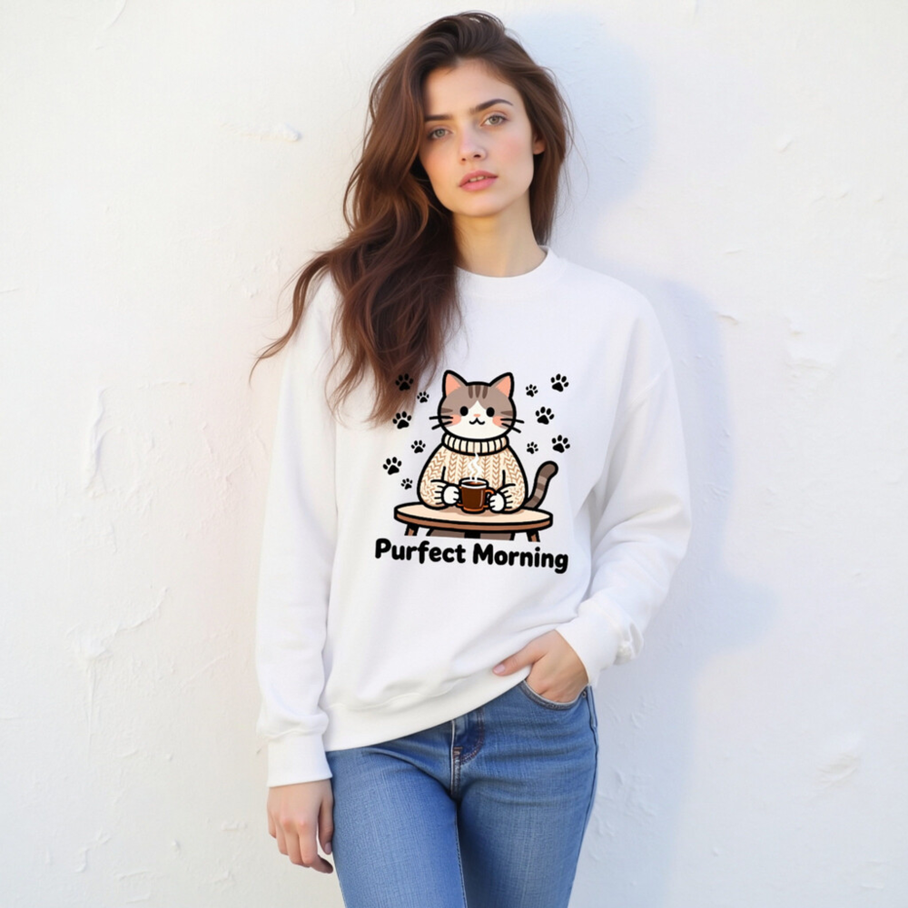 Purfect Morning Cat Sweatshirt | Unisex Crew Neck Sweatshirt - Image 6