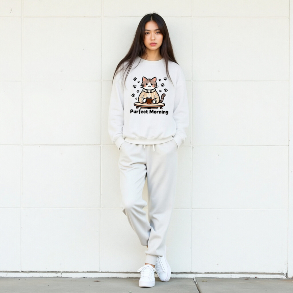 Purfect Morning Cat Sweatshirt | Unisex Crew Neck Sweatshirt - Image 7