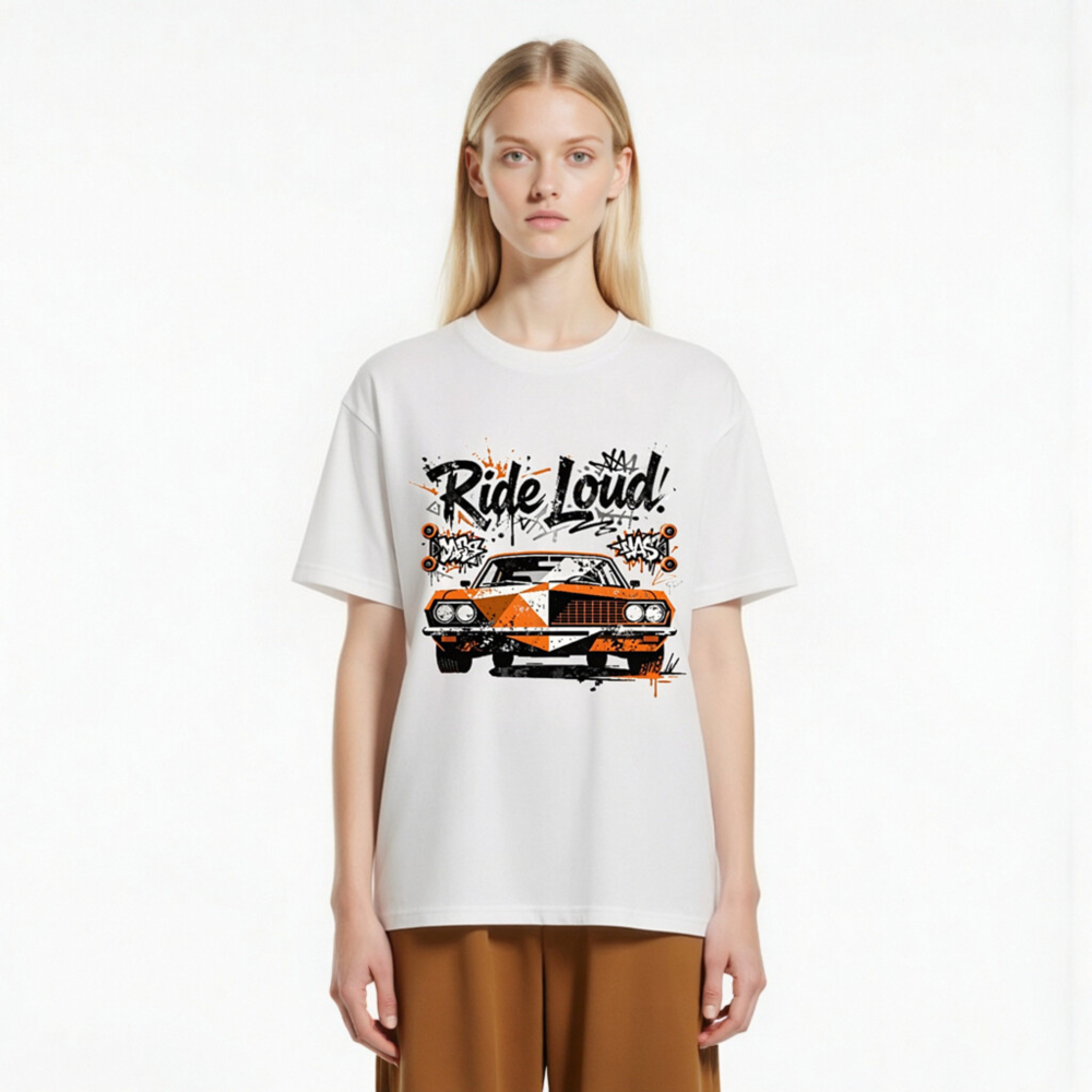Unisex Organic Cotton T-Shirt - Ride Loud! Orange & Black Car Graphic Tee - Image 2