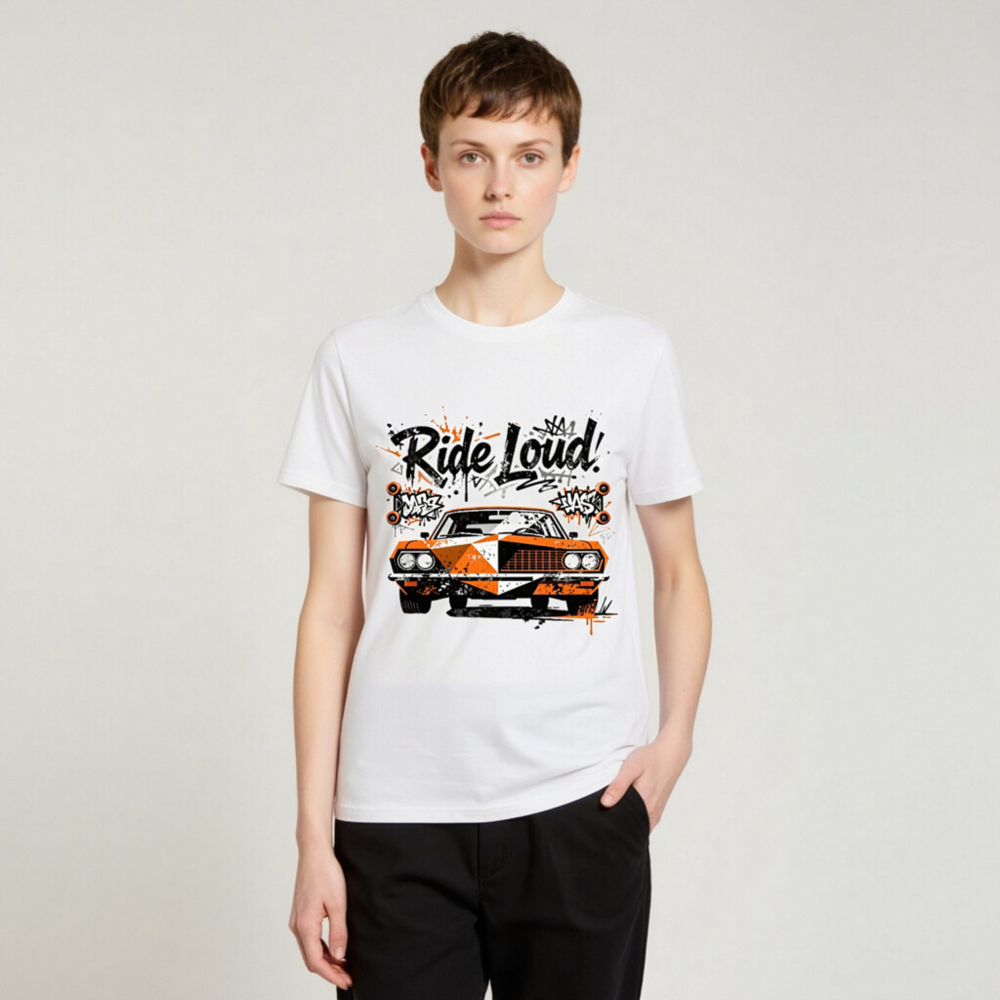 Unisex Organic Cotton T-Shirt - Ride Loud! Orange & Black Car Graphic Tee - Image 3