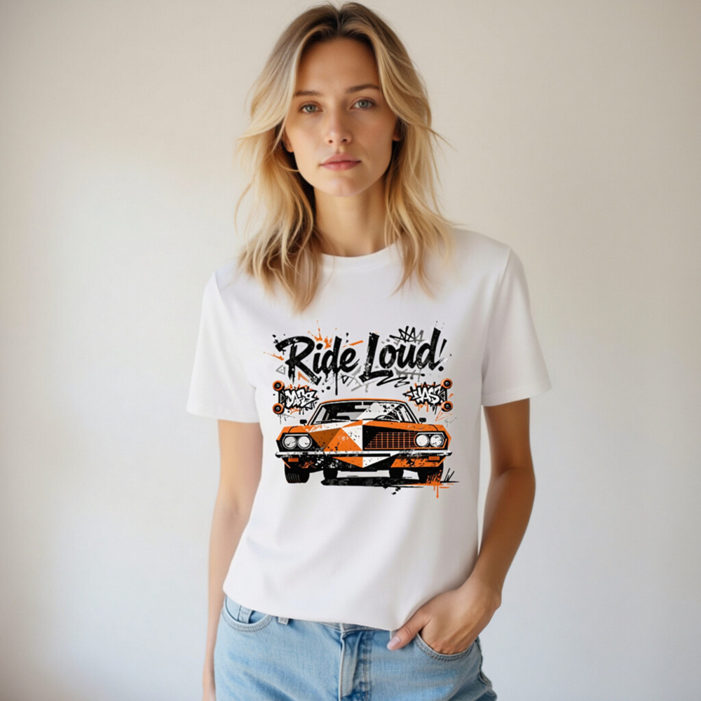 Unisex Organic Cotton T-Shirt - Ride Loud! Orange & Black Car Graphic Tee - Image 6