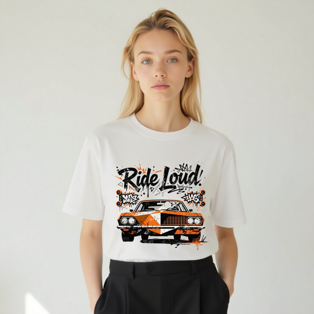 Unisex Organic Cotton T-Shirt - Ride Loud! Orange & Black Car Graphic Tee - Image 7