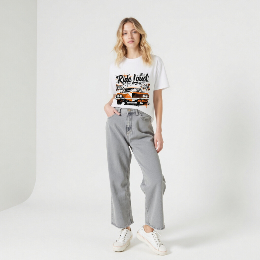 Unisex Organic Cotton T-Shirt - Ride Loud! Orange & Black Car Graphic Tee - Image 9