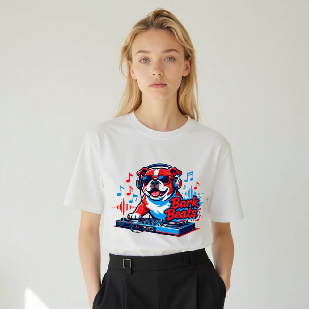 Unisex Organic Cotton T-Shirt | Bark Beats DJ Bulldog Graphic Tee - Image 7