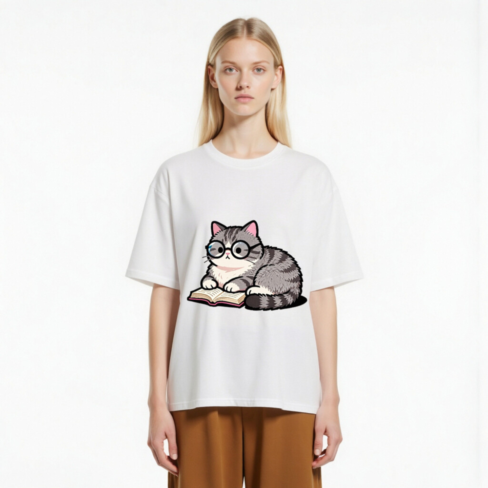 Unisex Organic Cotton T-Shirt with Cute Reading Cat Graphic - Image 2