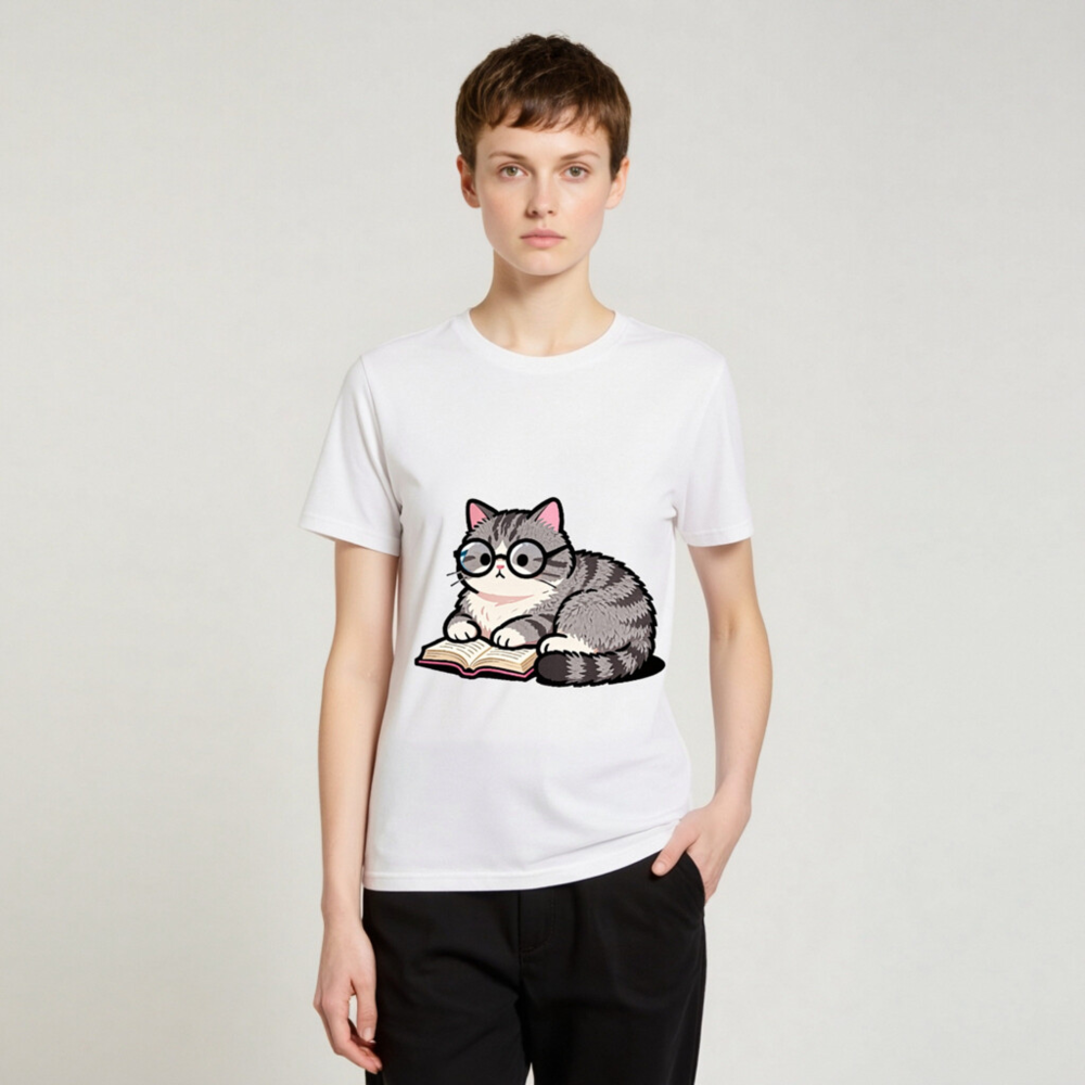 Unisex Organic Cotton T-Shirt with Cute Reading Cat Graphic - Image 3