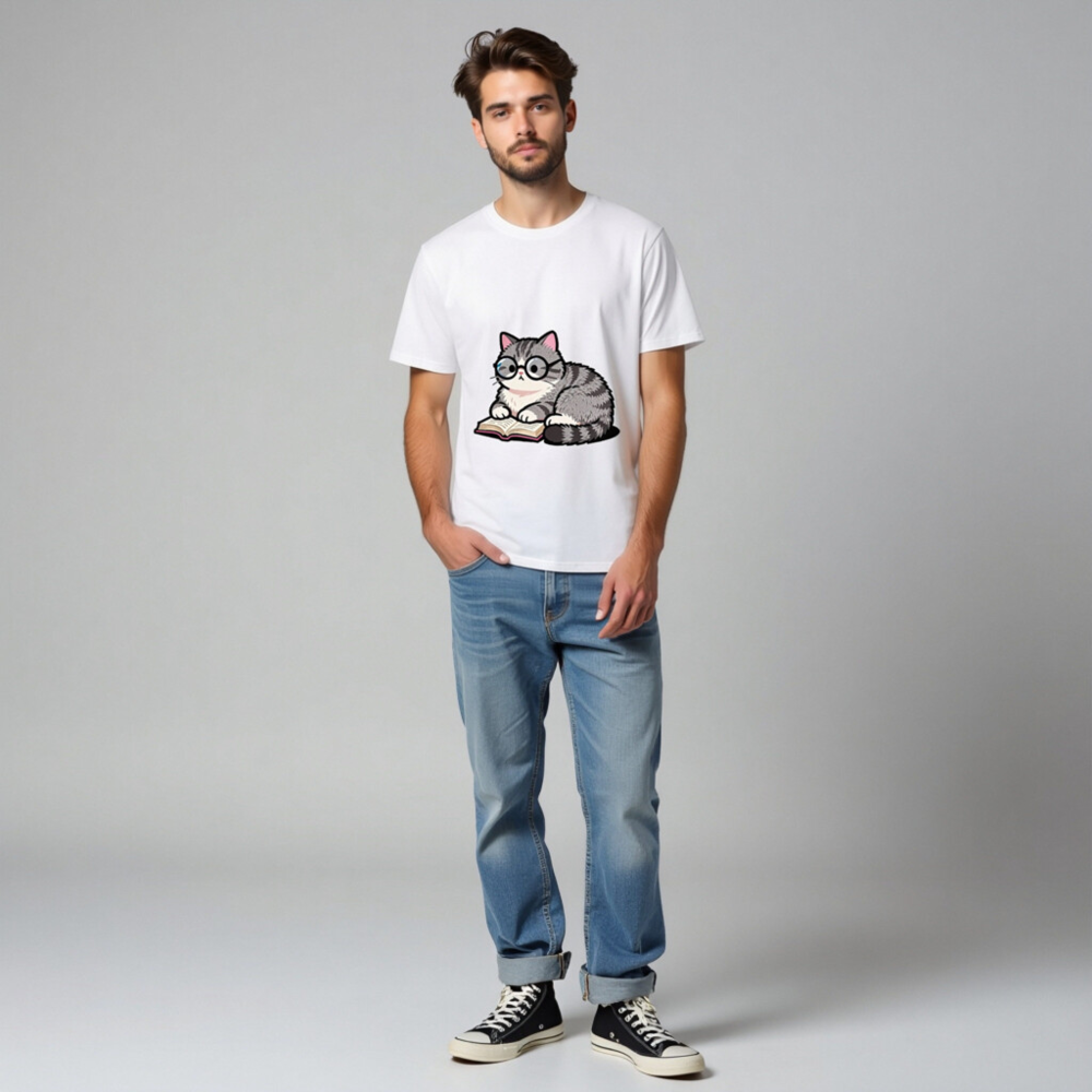 Unisex Organic Cotton T-Shirt with Cute Reading Cat Graphic - Image 4