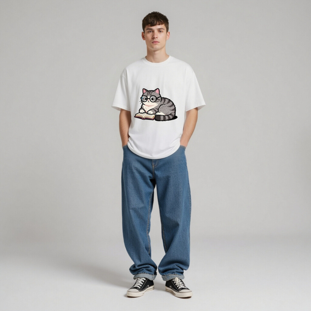 Unisex Organic Cotton T-Shirt with Cute Reading Cat Graphic - Image 5