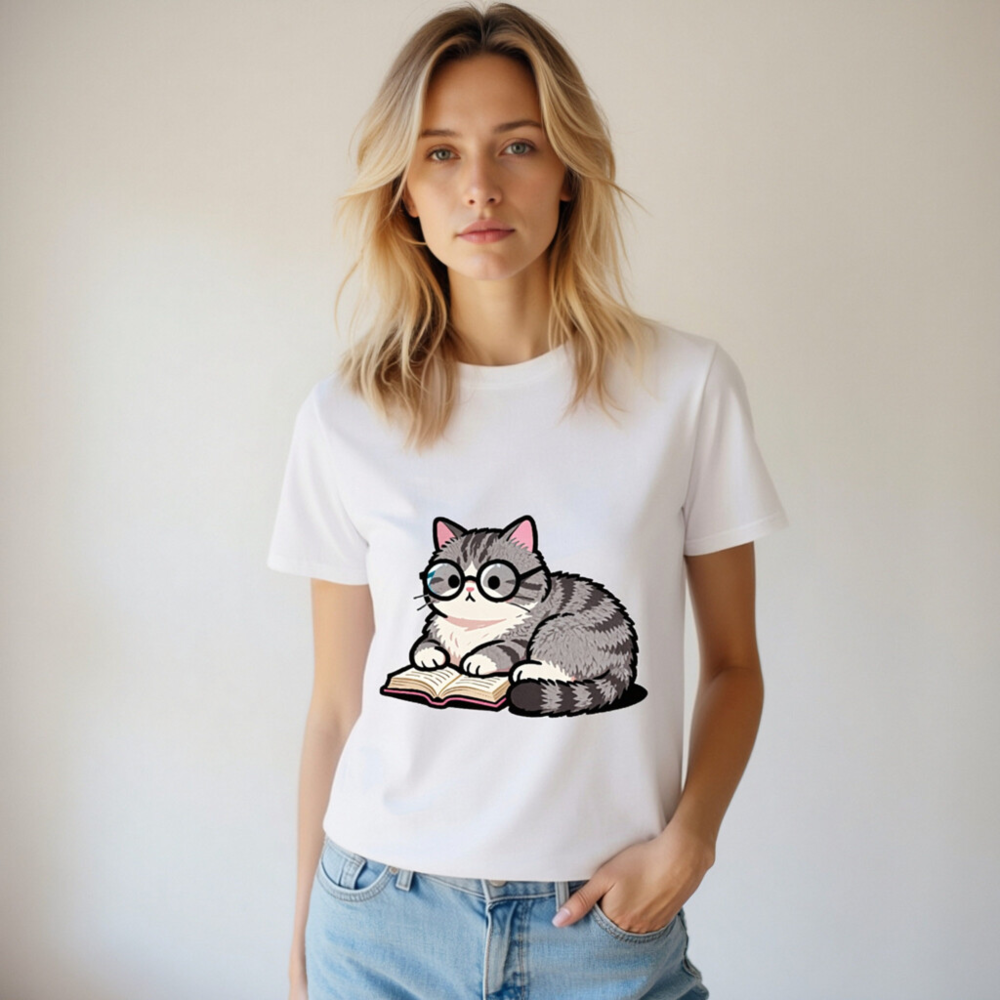 Unisex Organic Cotton T-Shirt with Cute Reading Cat Graphic - Image 6