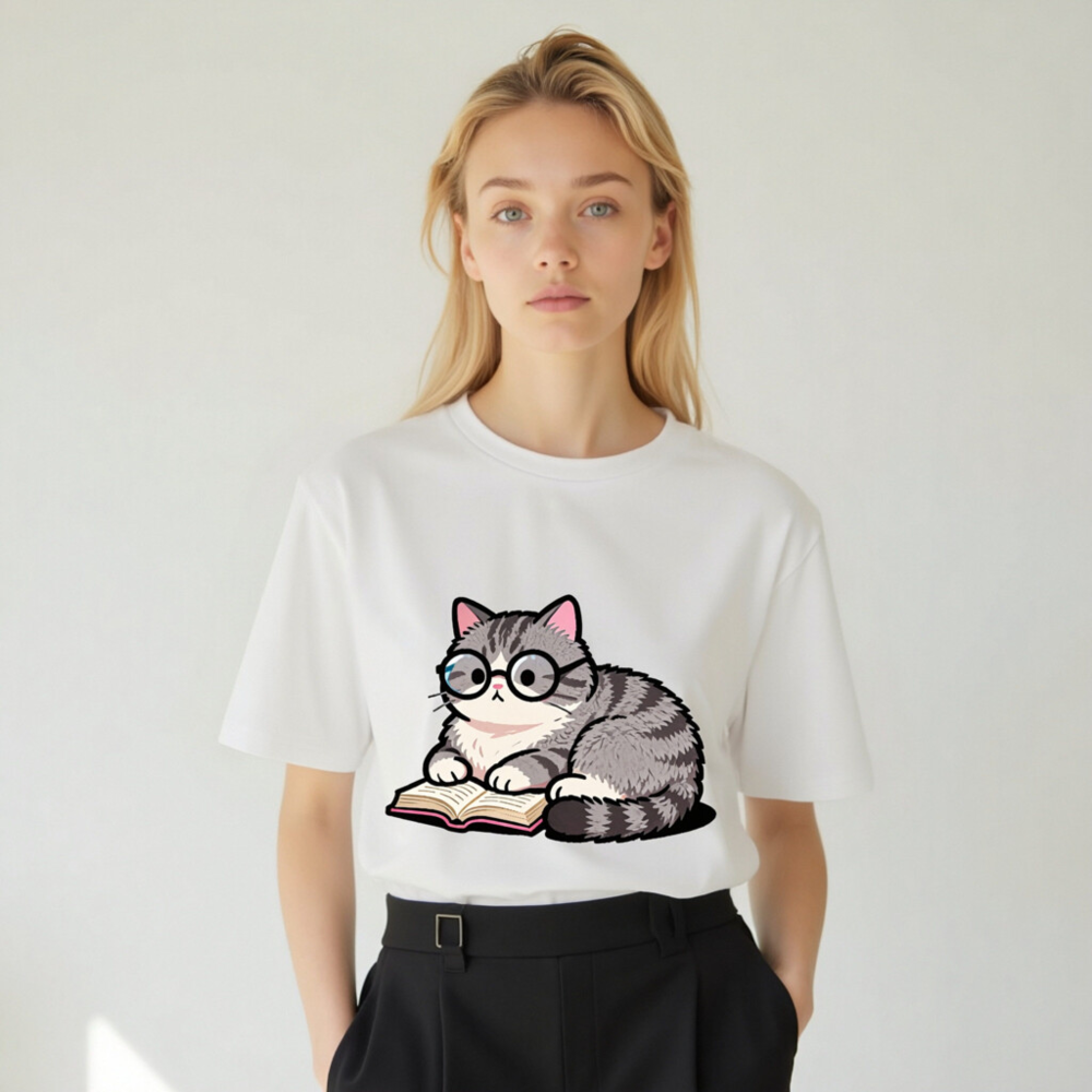 Unisex Organic Cotton T-Shirt with Cute Reading Cat Graphic - Image 7