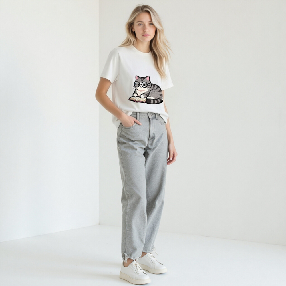 Unisex Organic Cotton T-Shirt with Cute Reading Cat Graphic - Image 8