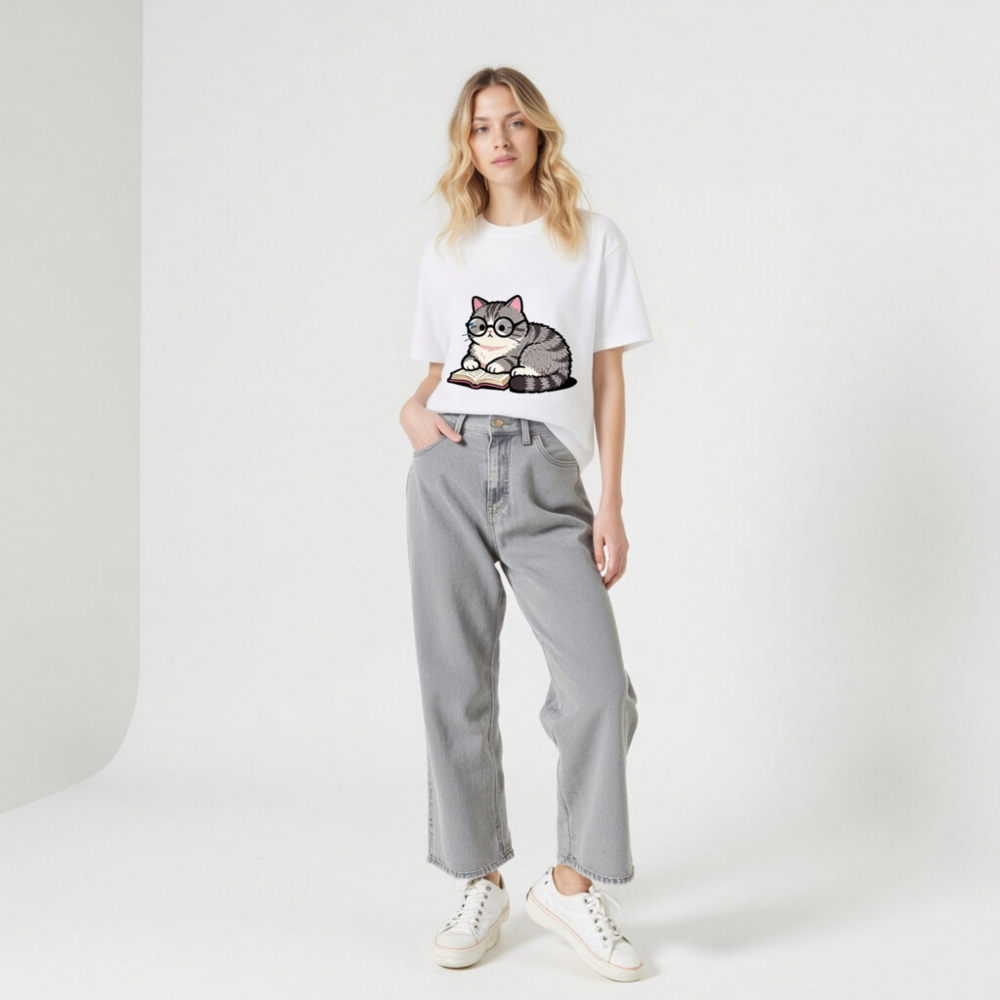 Unisex Organic Cotton T-Shirt with Cute Reading Cat Graphic - Image 9